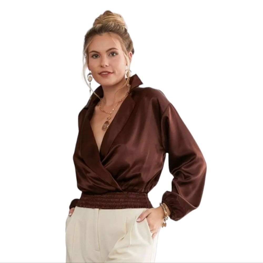 Red by BKE Chocolate Brown Satin Long Sleeve Crop Top Blouse Plunging Neckline